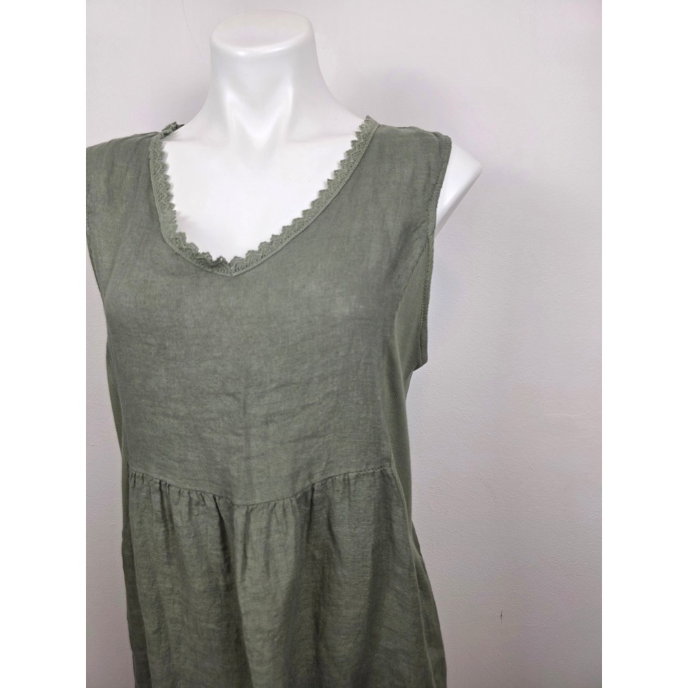 TERZO MILLENNIO Olive Green Linen V Neck Lace Trim Tiered Midi Dress Size L - Picture 3 of 8